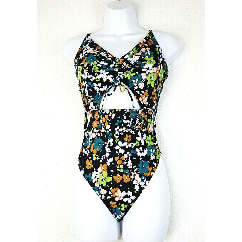 NWT BEACH BETTY 1 PC Swimsuit Sz. L Black Green White Floral Front Keyhole #02